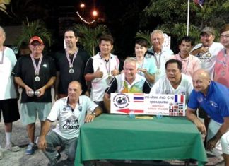 Organizers and medal winners pose for a group photo at the conclusion of the French Petanque Club 3rd anniversary tournament on March 1.