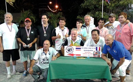 Organizers and medal winners pose for a group photo at the conclusion of the French Petanque Club 3rd anniversary tournament on March 1.