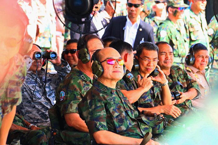 Admiral Na Areenij, commander of the Royal Thai Navy, was on hand when the Air and Coastal Defense Command commenced its annual heavy-gun drills in Sattahip.