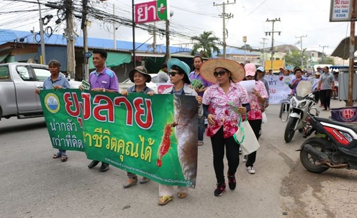 Nongprue Health workers walk around town carrying signs and handing out flyers to warn residents about the dangers of mosquitoes and dengue fever.