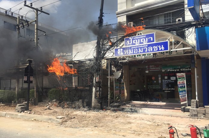 A transformer explosion is being blamed for a fire that damaged a health clinic and restaurant in central Pattaya.