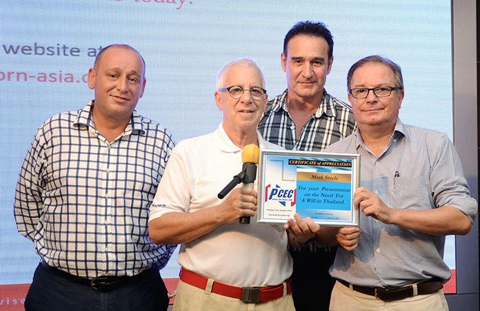 MC Richard Silverberg presents the PCEC’s Certificate of Appreciation to Mark Steele, Rob Hulley, and Ed Birkbeck for their presentation why it is important to have a Thai will.