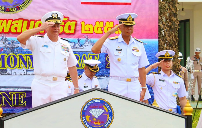 Rear Adm. Sitiporn Maskasem, commander of Frigate Squadron 2, and Rear Adm. John Nowell, commander of the Amphibious Force for the U.S. 7th Fleet, opened the this year’s CARAT exercise at the Sanyabat Battle Squadron on the Sattahip Naval Base.