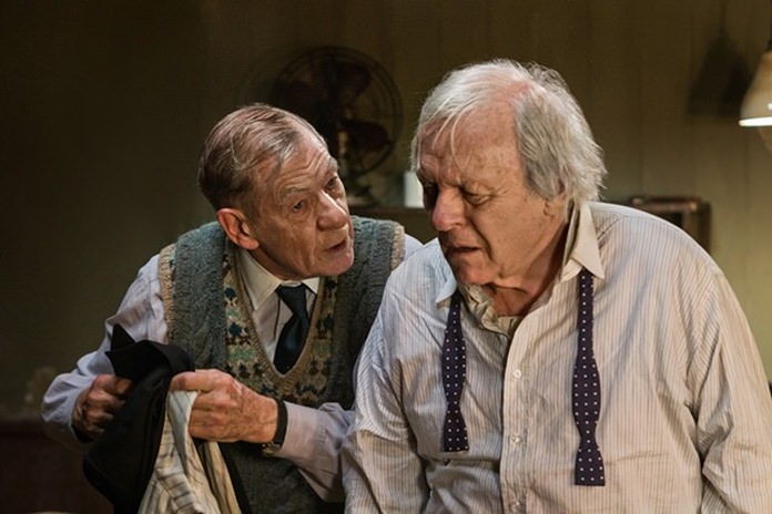 Actors Sir Ian McKellen (left) and Sir Anthony Hopkins are shown in a scene from the TV drama “The Dresser”. (Joss Barratt/Starz via AP)