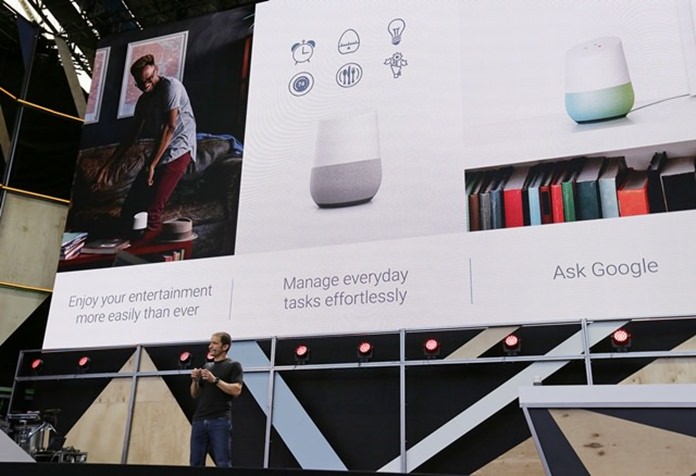 Google vice president Mario Queiroz talks about the uses of the new Google Home device during the keynote address of the Google I/O conference, Wednesday, May 18, 2016, in Mountain View, Calif. (AP Photo/Eric Risberg)