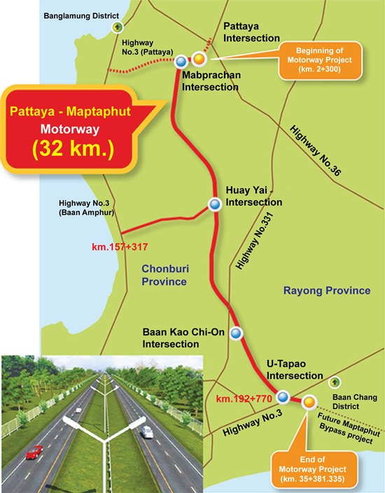 Map of the new Chonburi-Pattaya-Maptaphut motorway.