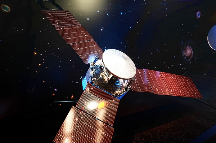 A 1/5 scale model size of NASA’s solar-powered Juno spacecraft is displayed at the Jet Propulsion Laboratory in Pasadena, Calif. on Friday, July 1, 2016. (AP Photo/Richard Vogel)
