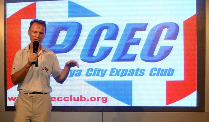 PCEC member Ren Lexander explains to his PCEC audience that while some English proverbs have no meaning when literally translated into Thai, there are several Thai proverbs that have an equivalent meaning in English.