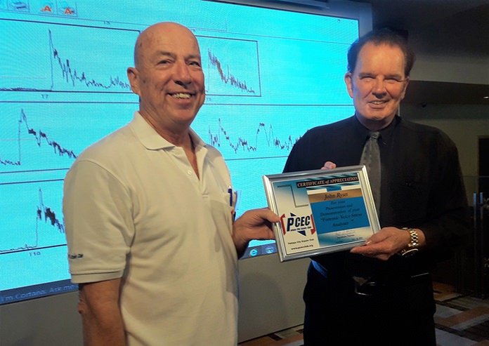 MC Roy Albiston (left) presents the PCEC’s Certificate of Appreciation to John W. Ryan (right) for his informative talk about his interesting background and his demonstration of the FVSA.