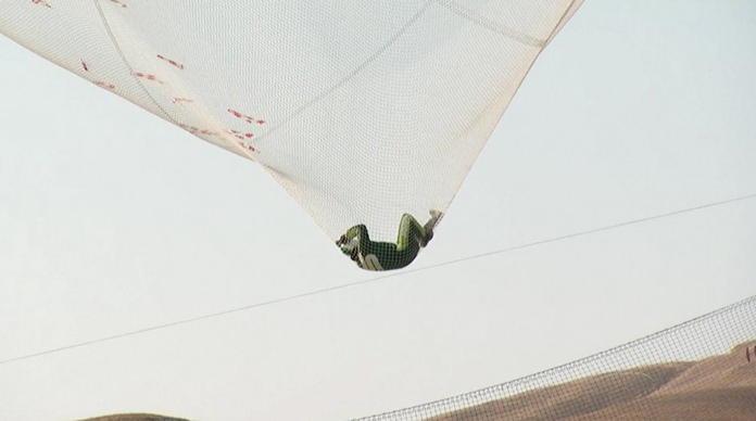 Luke Aikins lands in a safety net after successfully skydiving without a parachute in Simi Valley, Calif., Saturday, July 30. (Mondelez International via AP)