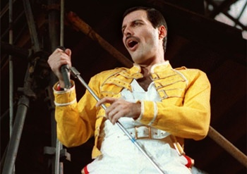 Queen lead singer Freddie Mercury is shown during the band’s Magic Tour in this July 20, 1986 file photo. (AP Photo/Marco Arndt)