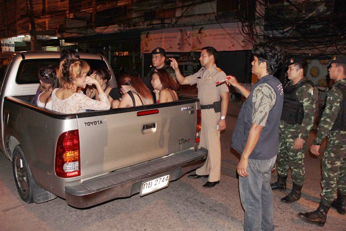 Ten people were arrested after failing drug tests during bar raids on Thepprasit Soi 8.