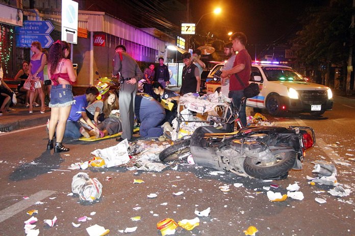 Sanom Srisakul was hurt after her cart was stuck by Pookrit Rungchanon who, witnesses said, speeding between cars on a motorbike.