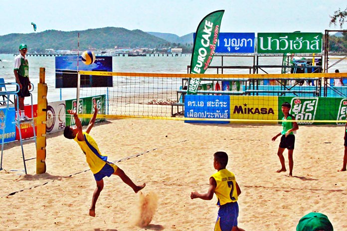 Young athletes compete during the opening day of the Euro Cake Thailand beach volleyball tournament at Battle Squadron Beach in Sattahip, Thursday, Sept. 8.