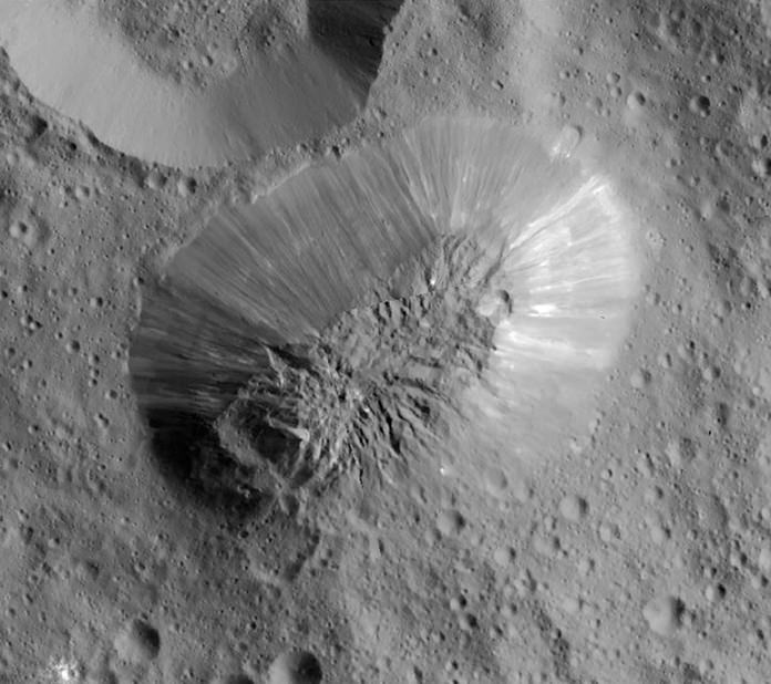 This image provided by NASA shows an inactive volcano on the surface of Ceres, the largest object in the asteroid belt between Mars and Jupiter. (NASA/JPL-Caltech/UCLA/MPS/DLR/IDA via AP)