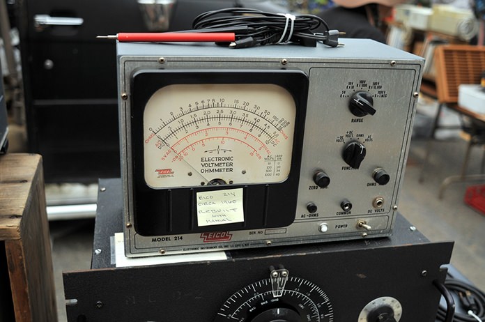 A vintage electronic voltmeter/ohmmeter, circa 1960, is displayed at MIT’s Radio Society flea market on the campus of the Massachusetts Institute of Technology in Cambridge, Mass. (AP Photo/Collin Binkley)