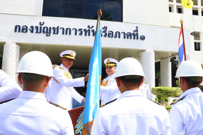 Royal Thai Navy Region 1 Adm. Rangsalit Sattayakul presented the flag and mission statement for the Gulf Monitoring and Battle Squadron to Vice Adm. Surasak Metayapa at the Region 1 Operations Headquarters.