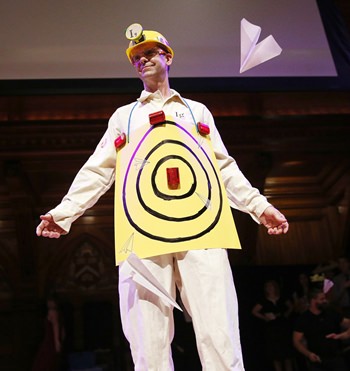Human Aeorodrome Eric Workman acts as a target for paper airplanes during the Ig Nobel award ceremonies at Harvard University in Cambridge, Mass., Sept. 22. (AP Photo/Michael Dwyer)