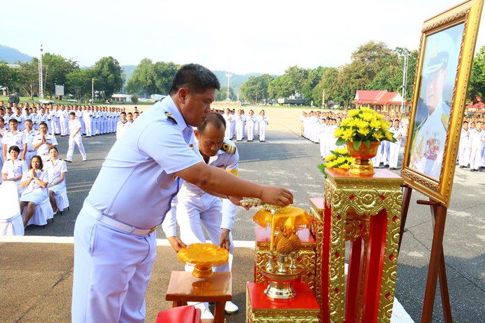 Naval Rating School commander Capt. Wirat Somjit leads religious ceremonies, praying for His Majesty the late King Bhumibol Adulyadej in Sattahip.
