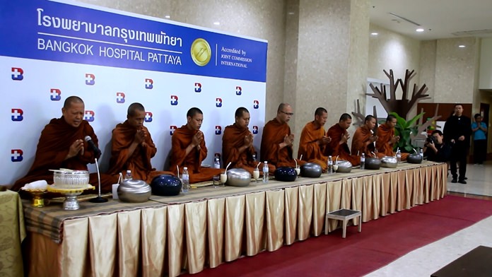 Revered monks chant holy funeral prayers at Bangkok Hospital Pattaya.