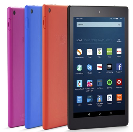 This undated file image provided by Amazon shows color options of the new Amazon Fire HD 8 tablet. (Amazon via AP, File)