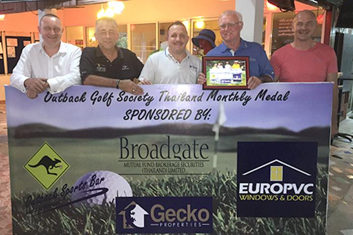 Tournament sponsors Greg Hirst (Broadgate Securities), Gordon Hall (EuroPVC) and Steve Scholey (Gecko Properties) with Tony Oakes (November winner) and Andre Coetzee (Outback Golf Bar).
