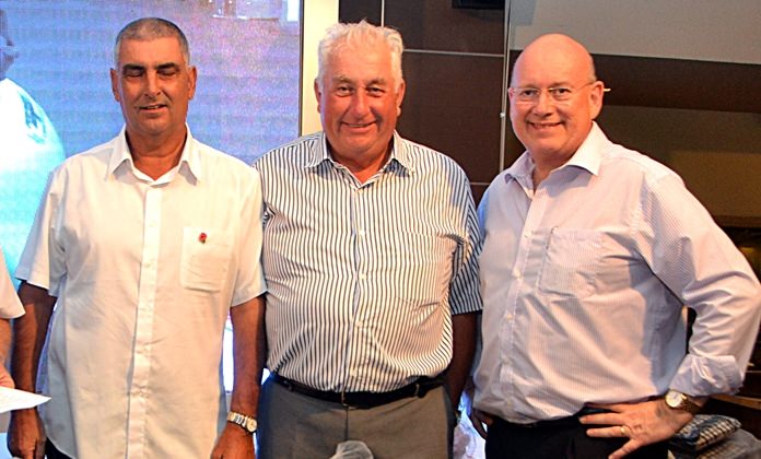 Defending champion Trevor Gough (centre) is congratulated by the President of the Royal British Legion Thailand, Graham MacDonald MBE (right) and former PSC Golf President, Mark West (left). Gough’s playing partner Andrew Byrne was not present during the awards night.