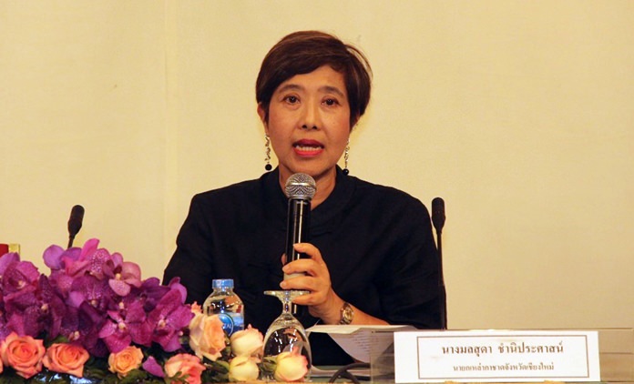 President of the Chiang Mai Provincial Red Cross Monsuda Chamniprasart calls for donations for the upcoming Chiang Mai Red Cross Winter Fair.