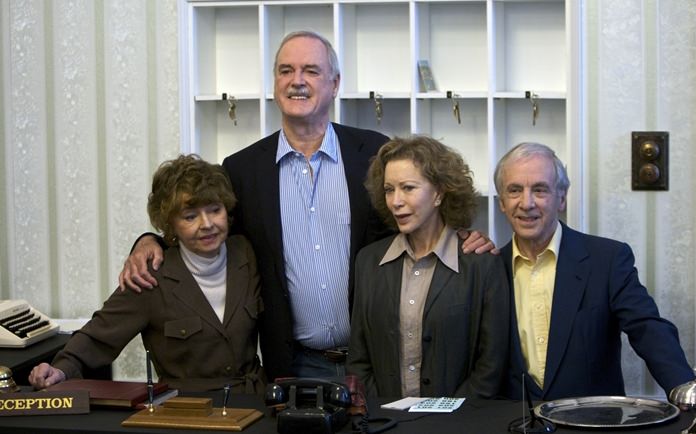 In this Wednesday, May 6, 2009 file photo, the cast of TV comedy series Fawlty Towers, from left, Prunella Scales, John Cleese, Connie Booth and Andrew Sachs reunite to celebrate the 30th anniversary of the show. Comic actor Sachs died Thursday, Dec. 1, 2016. He was 86. (AP Photo/ Edmond Terakopian)