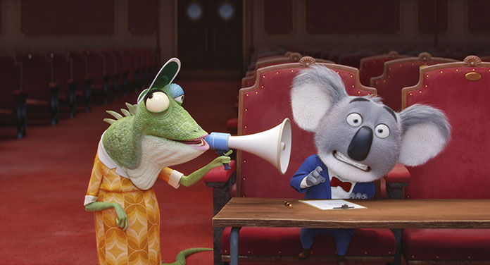 This image shows characters Buster, voiced by Matthew McConaughey (right) and Miss Crawly, voiced by Garth Jennings from the animated film, "Sing." (Universal Pictures via AP)