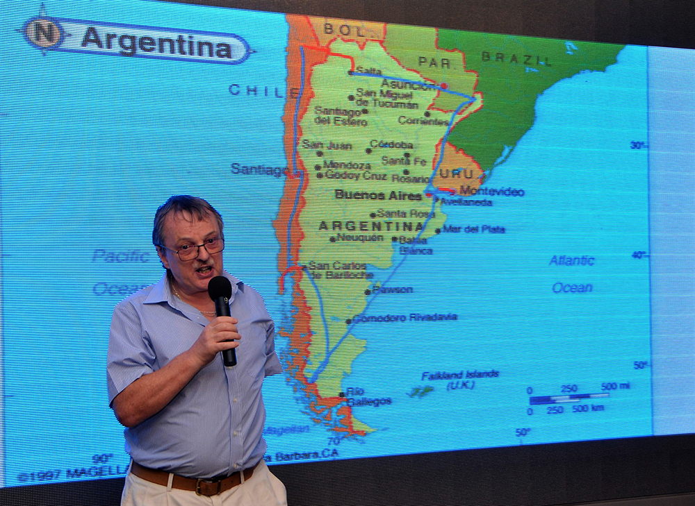 Charles Elwin shows a map of the southern tip of South America as he describes to his PCEC audience his recent travel through Argentina, Uruguay, and Chile.