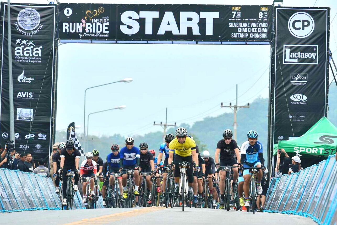 Cyclists cross the start line at Khao Chee Chan during the 10th annual Inspire Run and Ride, Saturday, Jan 7.