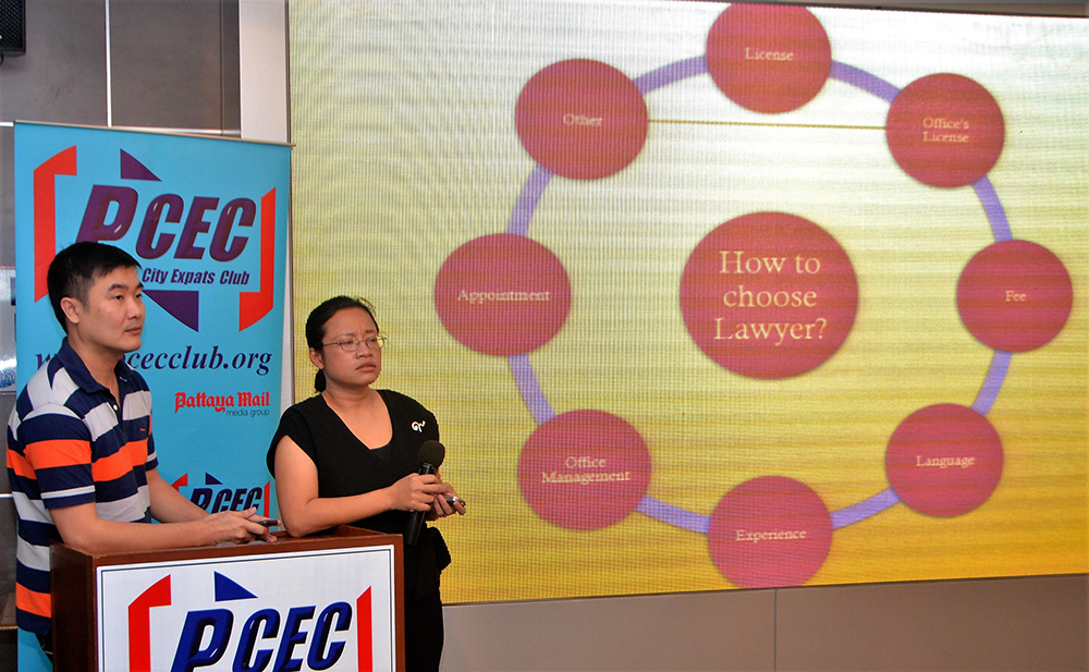 Oy and her partner Phadungphon Atthakitpaiboon, Esq., (Am) in the law firm of Phadungphon and Pattaraporn, answer questions from their PCEC audience about how to go about choosing a Thai lawyer.