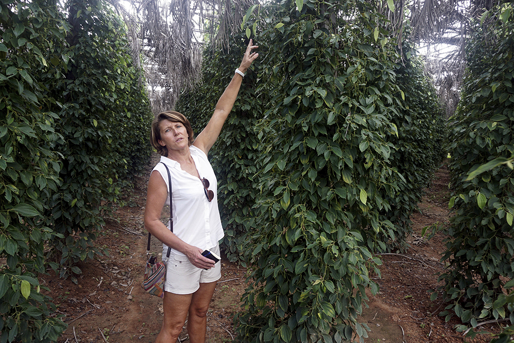 Nathalie Chaboche stands amongst her crop of peppers in La Plantation in Kampot, Cambodia. (AP Photo/Denis Gray)