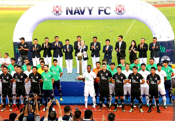 Players and officials from Navy Football Club meet the press during a pre-season media event at the club’s Sattahip Naval Base stadium on Jan. 28.