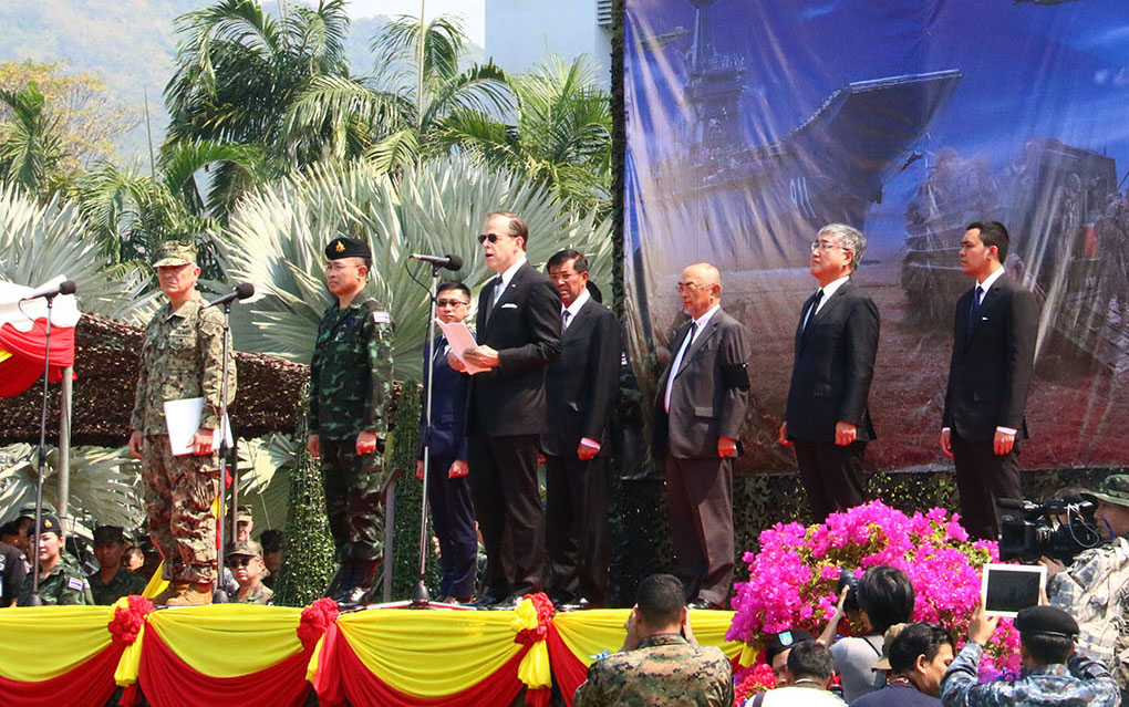 Thai chief of defense forces Gen. Surapong Suwana-adth and American ambassador to Thailand Glyn T. Davies opened the Feb. 14-24 Cobra Gold war games with U.S. Navy Adm. Harry Binkley Harris Jr. at Sattahip Naval Base.