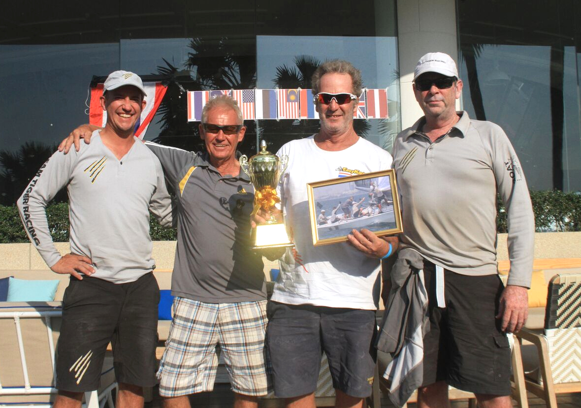 Chris Way and his team hold the trophy after winning the Platu Transworld Regatta held at Ocean Marina in Pattaya from Feb. 9-12.