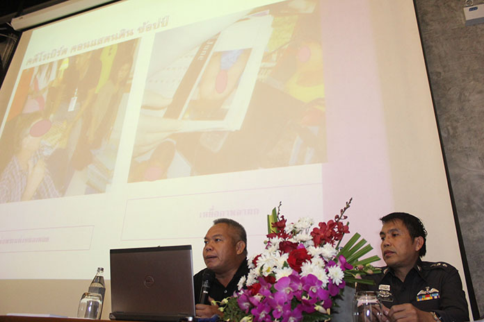 Palisorn Noja (left) director of the Anti-Human Trafficking and Child Abuse Centre, and Pol. Lt. Col. Aomsin Sukkanka, deputy superintendent in charge of children rights crimes at Pattaya Police Station, help teach Pattaya hospitality businesses how to better protect children from child-sex tourists at an annual seminar organized by ECPAT International and its initiative, The Code.