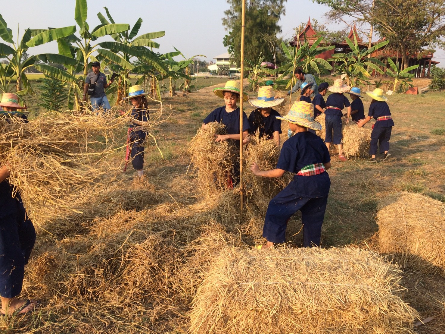 The children worked together stacking the hay.