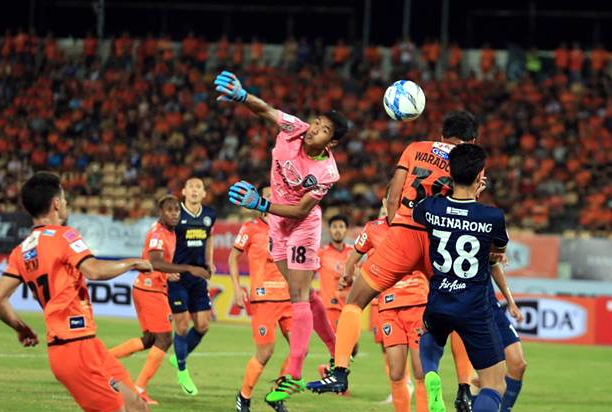Pattaya United forward Chainarong Tathong (38) challenges the Nakhon Ratchasima defense for the ball during their Thai Premier League fixture in Korat, Saturday, March 4. (Photo courtesy Pattaya United)