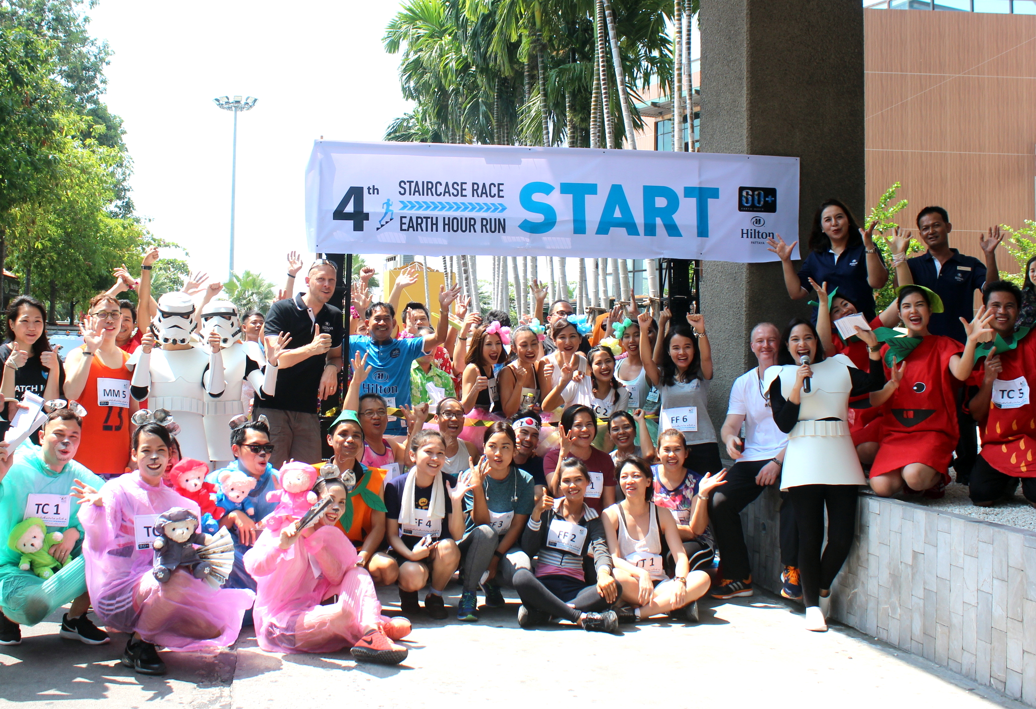 Hilton Pattaya staff members pose for a group photo prior to the staircase challenge.