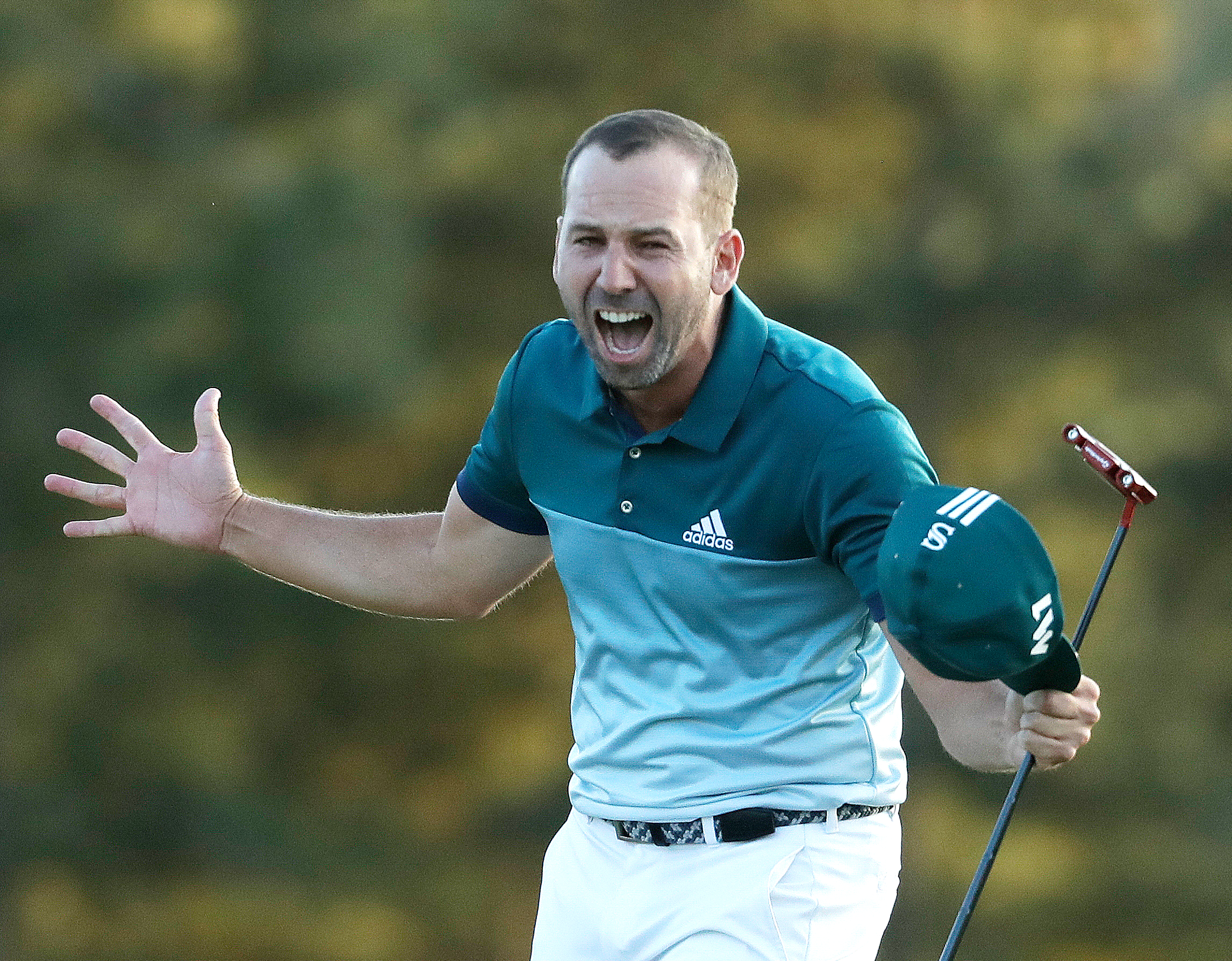 Sergio Garcia reacts after making his birdie putt on the 18th green to win the Masters golf tournament after a playoff Sunday, April 9, in Augusta, Ga. (AP Photo/Chris Carlson)