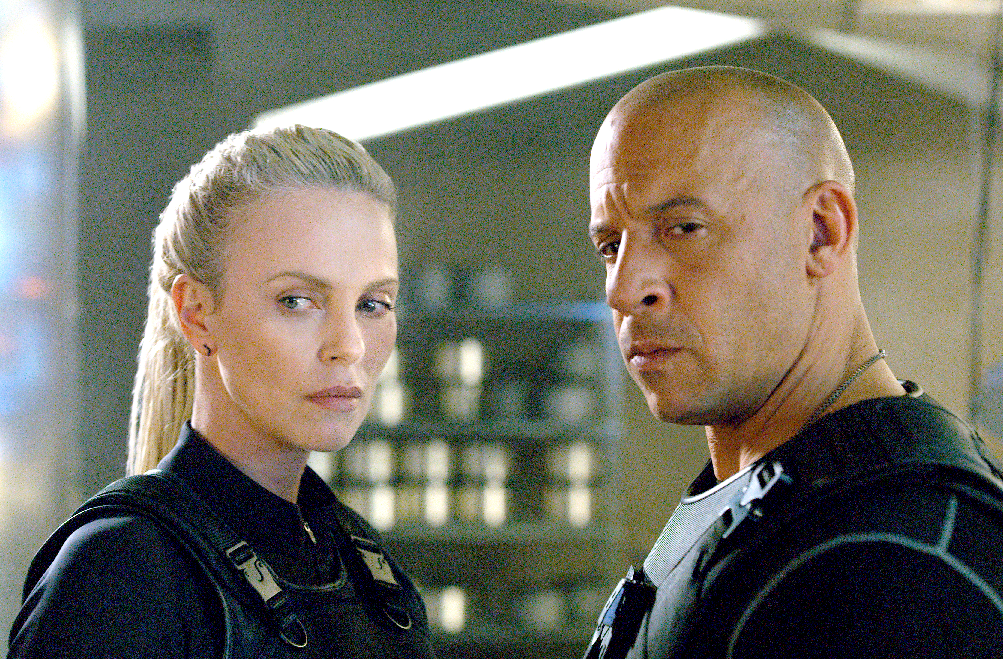 This image shows Charlize Theron (left) and Vin Diesel in "The Fate of the Furious." (Universal Pictures via AP)
