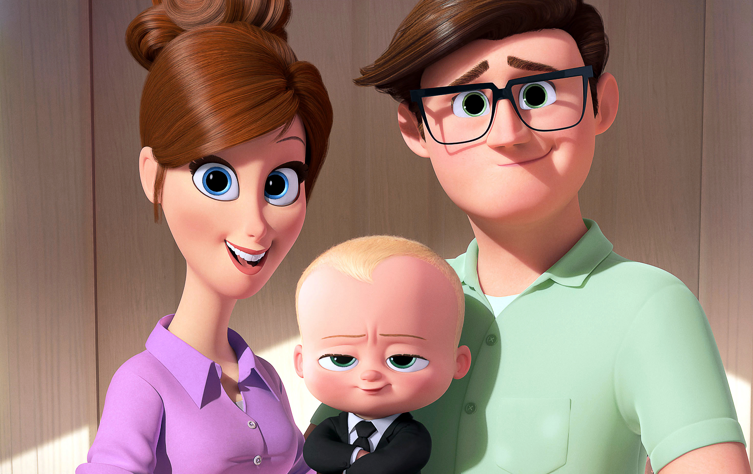 This image released by DreamWorks Animation shows the characters Mother, voiced by Lisa Kudrow, from left, Boss Baby, voiced by Alec Baldwin, and Father, voiced by Jimmy Kimmel from the animated film, "The Boss Baby." (DreamWorks Animation via AP)