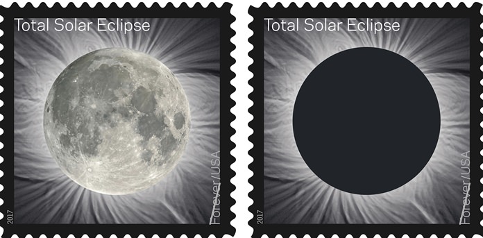 These images provided by the U.S. Postal Service show the Total Solar Eclipse Forever stamp. The Postal Service will soon release a first-of-its-kind stamp that changes when you touch it, which commemorates the Aug. 21 eclipse, transforming into an image of the Moon from the heat of a finger. (U.S. Postal Service via AP)