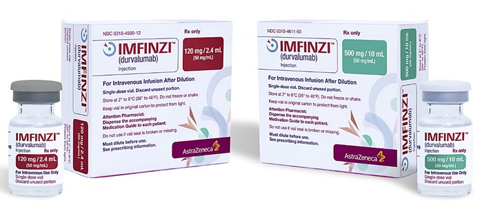 This image provided by AstraZeneca shows the company’s drug Imfinzi, known chemically as durvalumab. (AstraZeneca via AP)