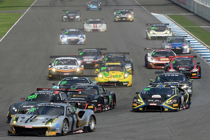 Martin Kodric, driving Lamborghini Huracan GT3 (right), chases the front row pole-sitters into the first corner at the Buriram International Circuit, Saturday, May 20.