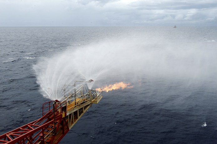In this May 16, 2017 photo released by China’s Xinhua News Agency, gas flares out from a drilling platform that extracted natural gas from combustible ice trapped under the seafloor of the South China Sea. Commercial development of the globe’s vast reserves of a frozen fossil fuel known as combustible ice has moved closer to reality after Japan and China successfully extracted the material from the seafloor. (Liang Xu/Xinhua via AP)