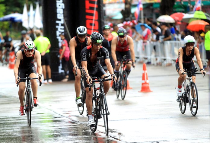 Cycling was made tougher by a slick road surface caused by a brief rain shower.