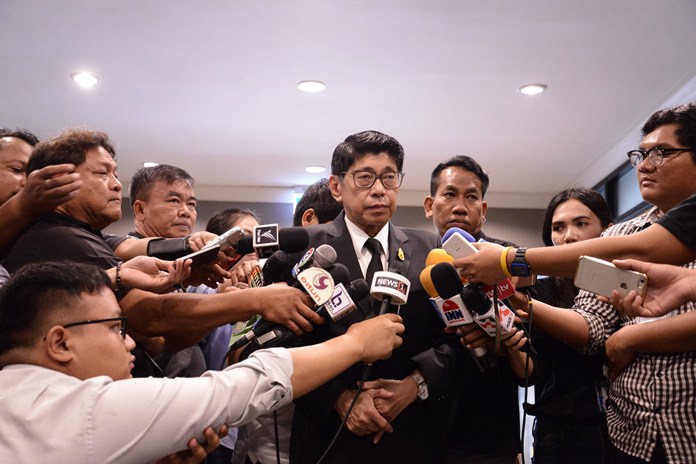 Deputy Prime Minister Wissanu Krea-Ngam talks to the press, Wednesday, May 17 in Bangkok.